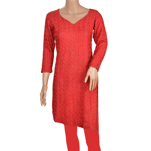 Sanskriti Vintage Sustainable Fabric Pure Silk Hand Embroidered Long Top Kurta Red