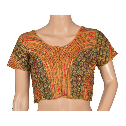 Sanskriti Vintage Sustainable Fabric Art Silk Silk Hand Beaded Woven Top Jacket Fashion Indian Orange
