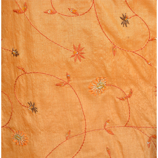 Sanskriti Vintage Sustainable Fabric Pure Silk Hand Beaded Long Top Kurta Orange Floral