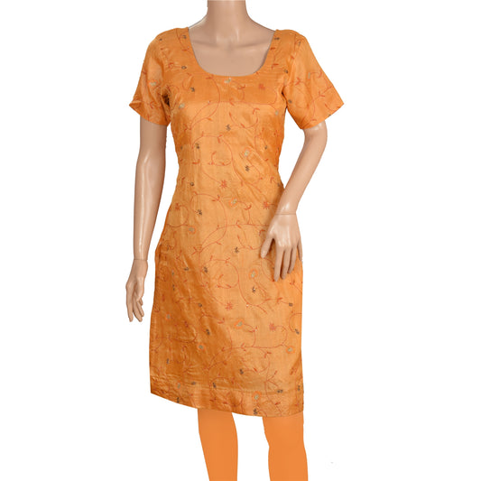 Sanskriti Vintage Sustainable Fabric Pure Silk Hand Beaded Long Top Kurta Orange Floral