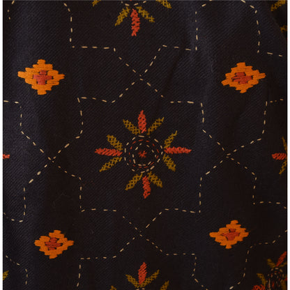 Sanskriti Vintage Sustainable Fabric Woolen Hand Embroidered Short Top Jacket Black Floral