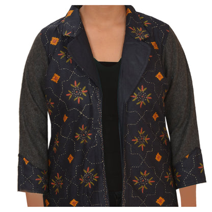 Sanskriti Vintage Sustainable Fabric Woolen Hand Embroidered Short Top Jacket Black Floral