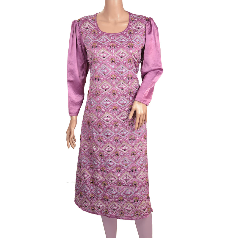 Sanskriti Vintage Sustainable Fabric Pure Satin Silk Hand Embroidered Long Top Purple