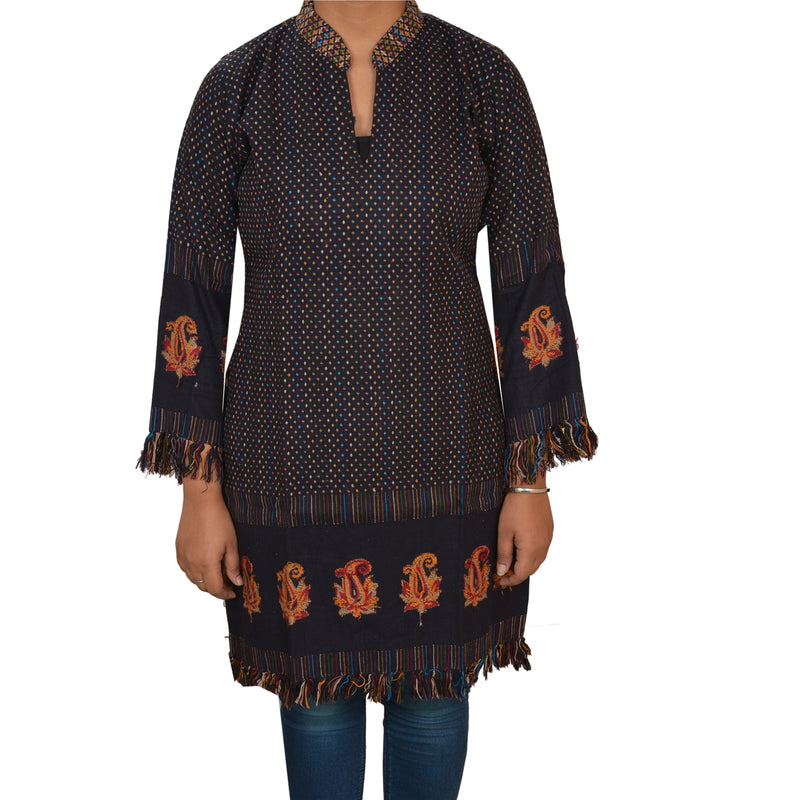 Sanskriti Vintage Sustainable Fabric Woolen Hand Embroidered Kashmiri Short Top Jacket Black