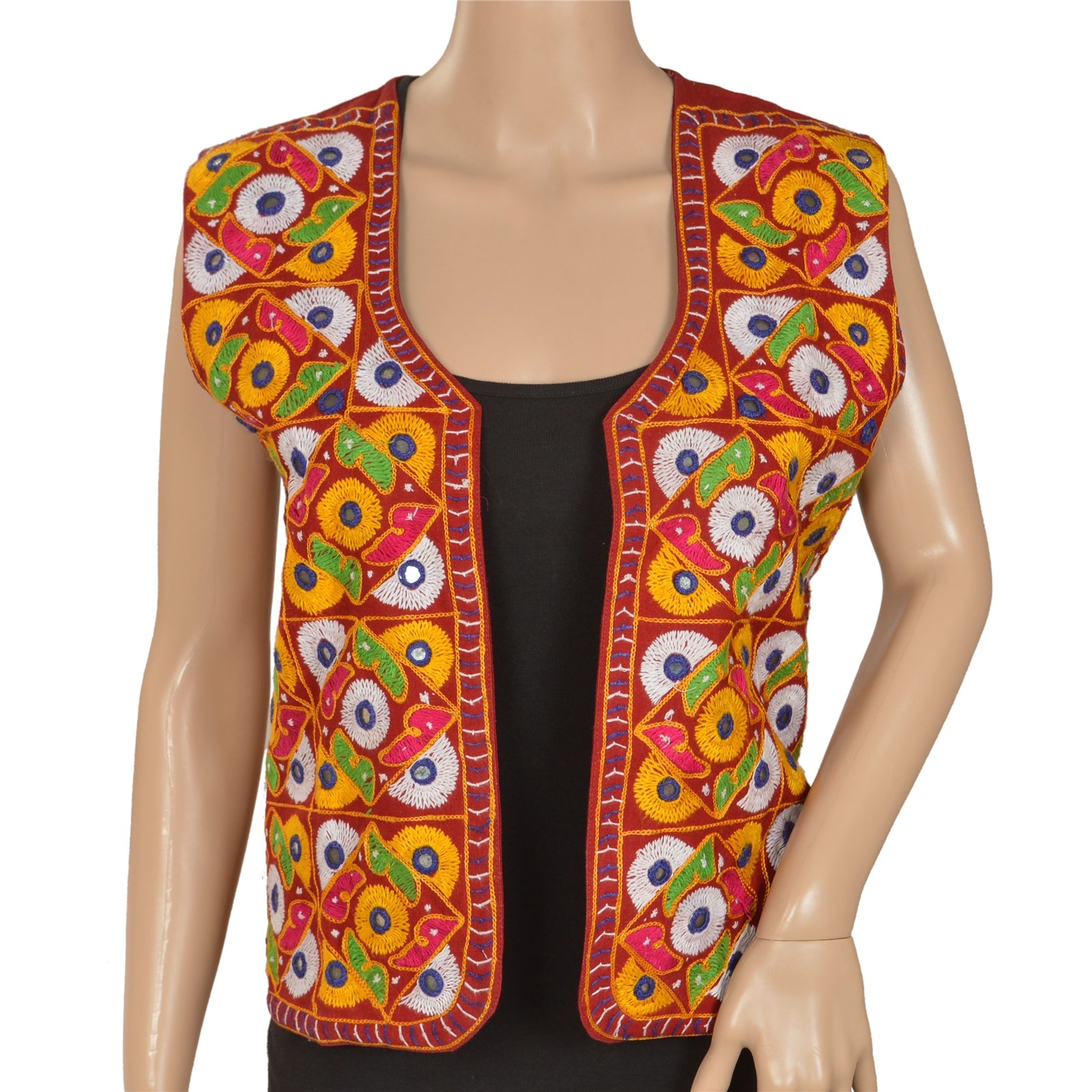 Sanskriti Vintage Sustainable Fabric Cotton Hand Embroidered Kutch Short Jacket Red Mirrors