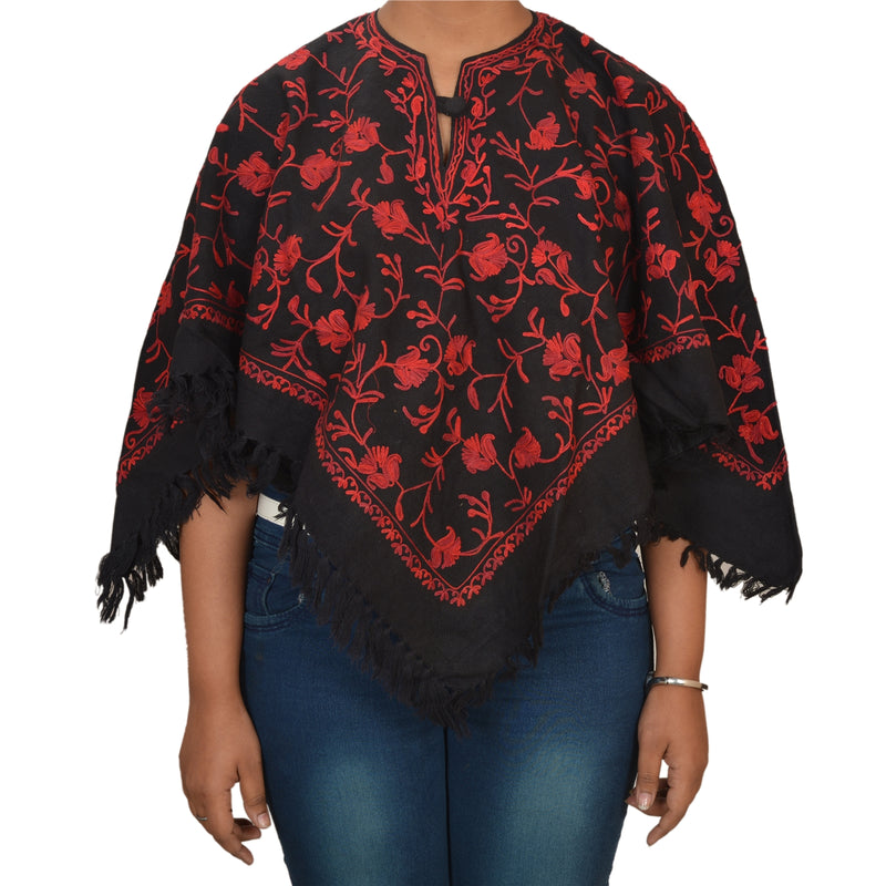 Sanskriti Vintage Uld Håndbroderet Ariza Poncho Top Sort Paisley
