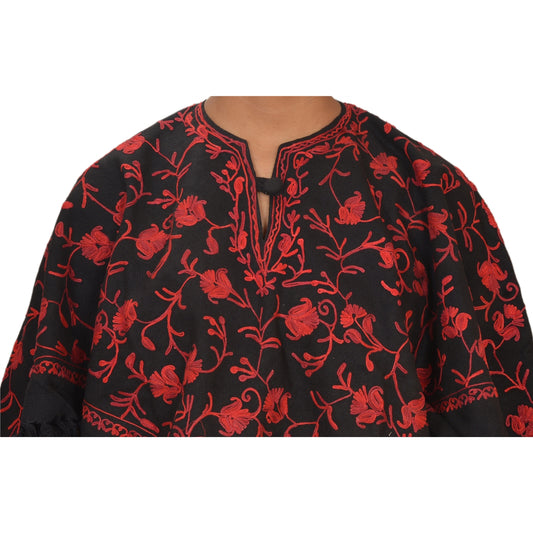 Sanskriti Vintage Woolen Hand Embroidered Arizama Poncho Top Black Paisley