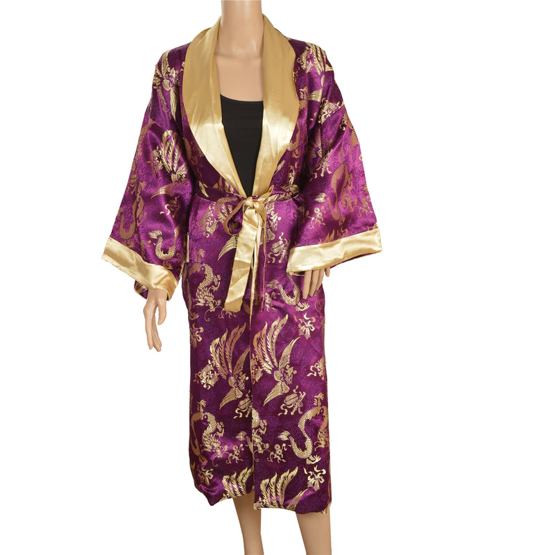 Sanskriti Vintage Sustainable Fabric Satin Woven Kimono Style Long Top Jacket Purple