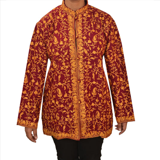 Sanskriti Vintage Sustainable Fabric Woolen Hand Embroidered Arizama Short Top Jacket Maroon