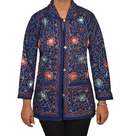 Sanskriti Vintage Arizama Hand Embroidered Woolen Top Jacket Fashion Blue Mirror
