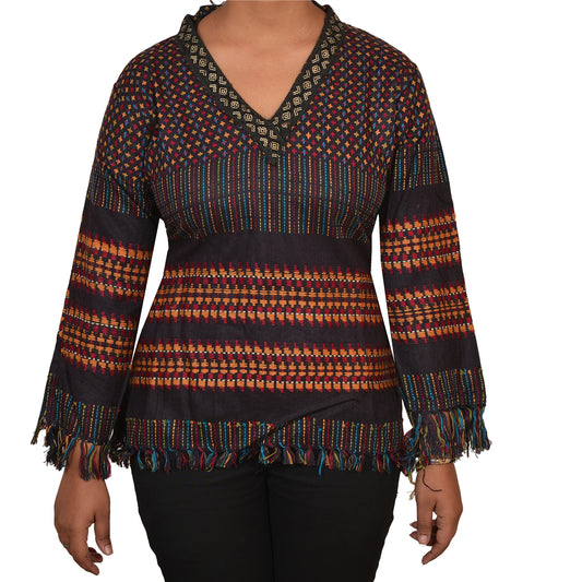 Sanskriti Vintage Sustainable Fabric Woolen Hand Embroidered Long Top Jacket Black Sequins