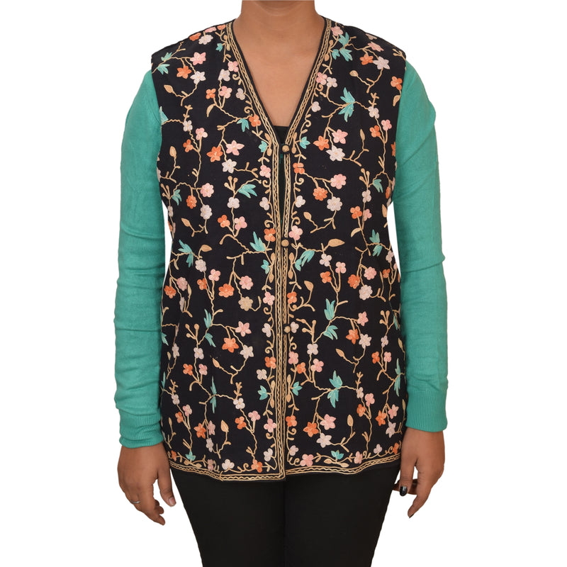 Sanskriti Vintage Sustainable Fabric Woolen Hand Embroidered Arizama Short Top Jacket Black