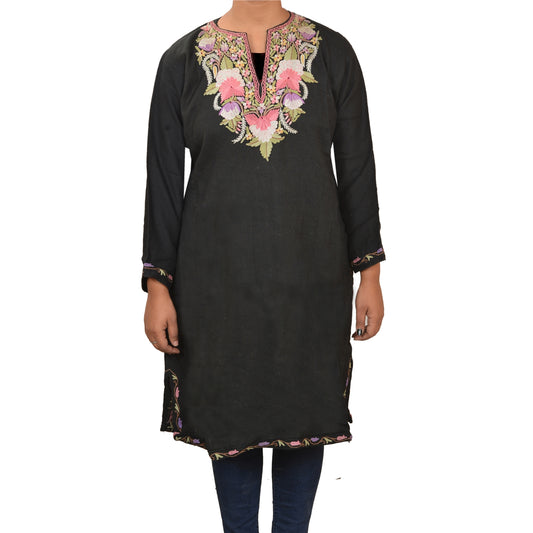 Sanskriti Vintage Sustainable Fabric Woolen Hand Embroidered Arizama Long Top Jacket Black