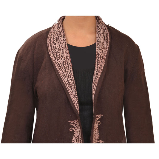 Sanskriti Vintage Sustainable Fabric Woolen Hand Embroidered Kashmiri Long Top Open Style Jacket Brown