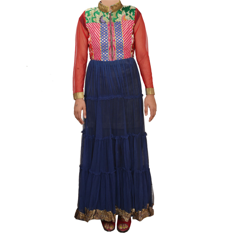 Sanskriti Vintage Sustainable Fabric Net hand Beaded Long Top Kurti Fashion Indian Blue Floral