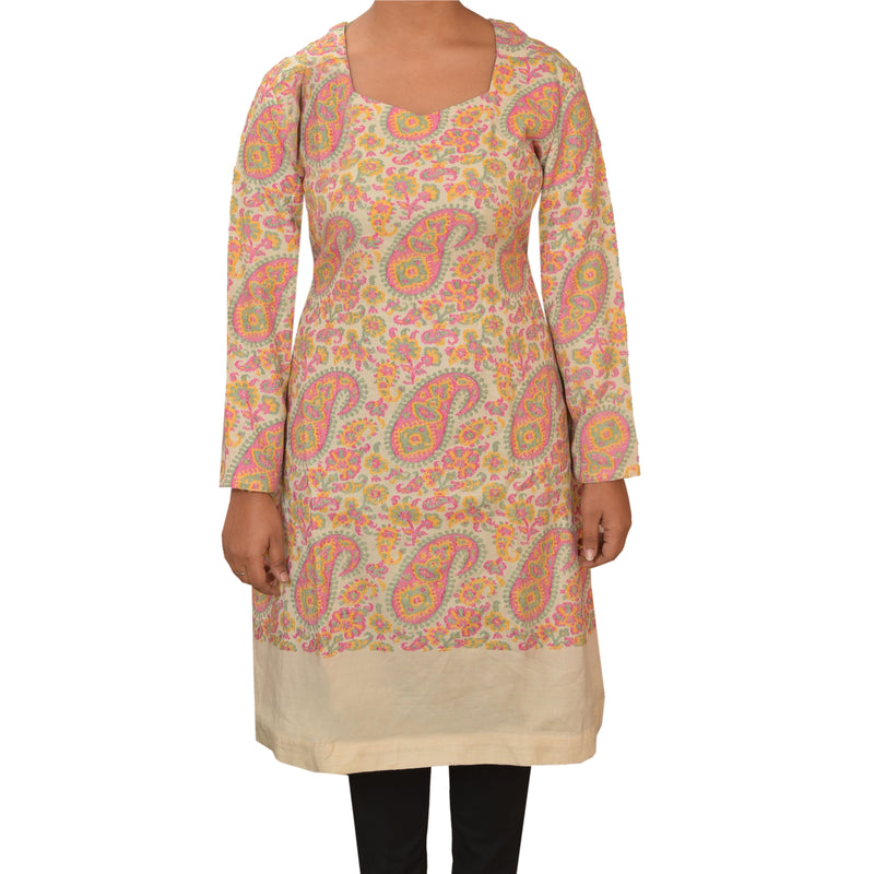 Sanskriti Vinatage SANSKRITI NEW Sustainable Fabric WOVEN TOP KURTA FASHION THREAD WORK INDIAN PAISLEY CREAM