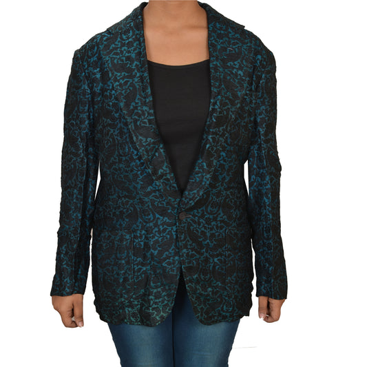 Sanskriti Vintage Sustainable Fabric Silk Blend Embroidered Short Top Jacket Blue Paisley