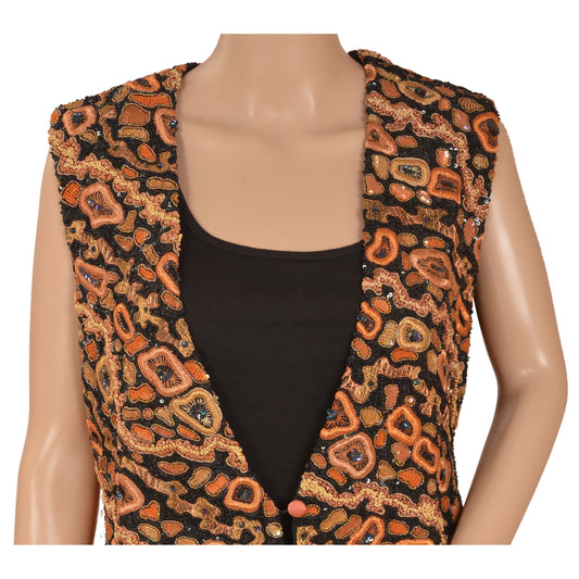 Sanskriti Vintage Sustainable Fabric Velvet Hand Beaded Woven Top Jacket Fashion Indian Black