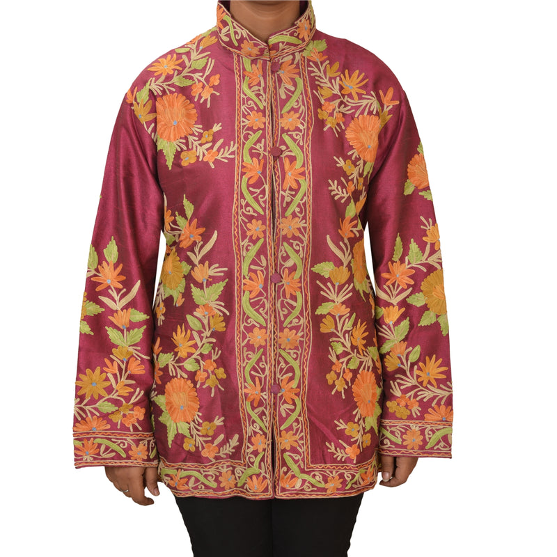 Sanskriti Vintage Sustainable Fabric Art Silk Hand Embroidered Arizama Short Top Jacket Pink