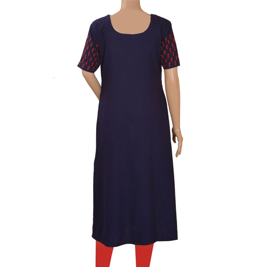 Sanskriti Vintage Sustainable Fabric Woolen Hand Embroidered Arizama Long Top Kurta Blue