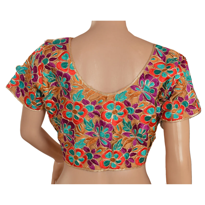 Sanskriti Vintage Sustainable Fabric Art Silk Embroidered Blouse Top Fashion Floral Saffron