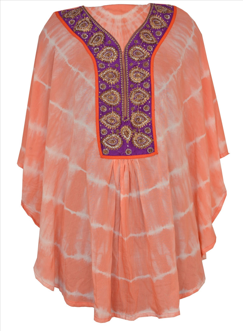 Sanskriti Vintage New Sustainable Fabric Cotton Hand Beaded Tie N Dye Poncho Kaftan Top Fashion Indian