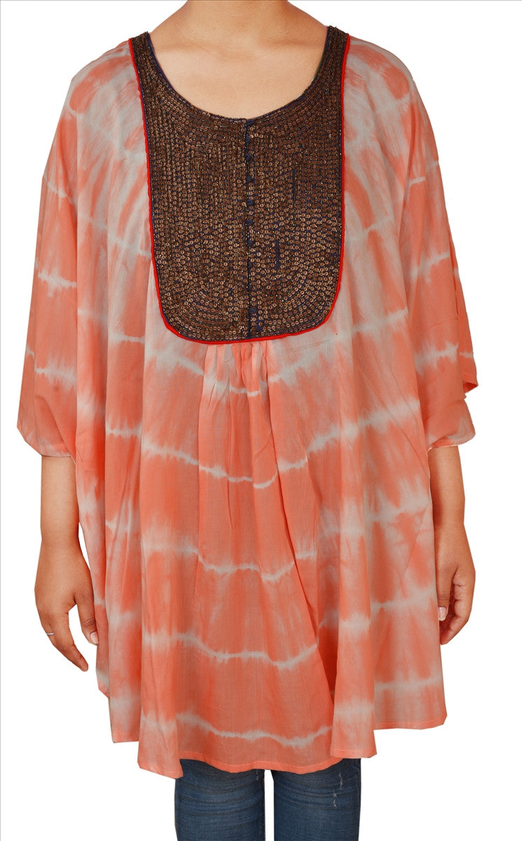 Sanskriti New Poncho Caftan Kaftan Tie N Dye Top Shirt Peach Sequins Patch