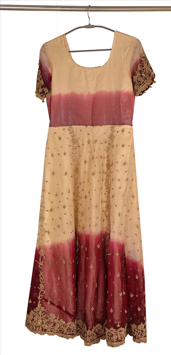 Sanskriti Vintage Sustainable Fabric Net Hand Beaded Long Kurta Top Fashion Indian Beige