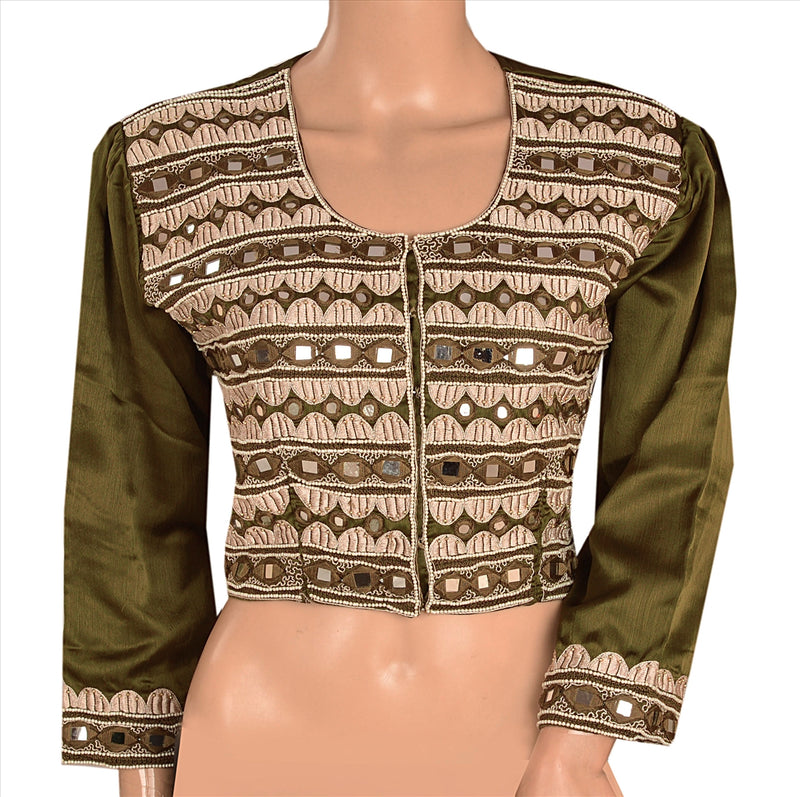 Sanskriti Vintage Sustainable Fabric Satin Silk Hand Beaded Top Blouse Fashion Indian Green