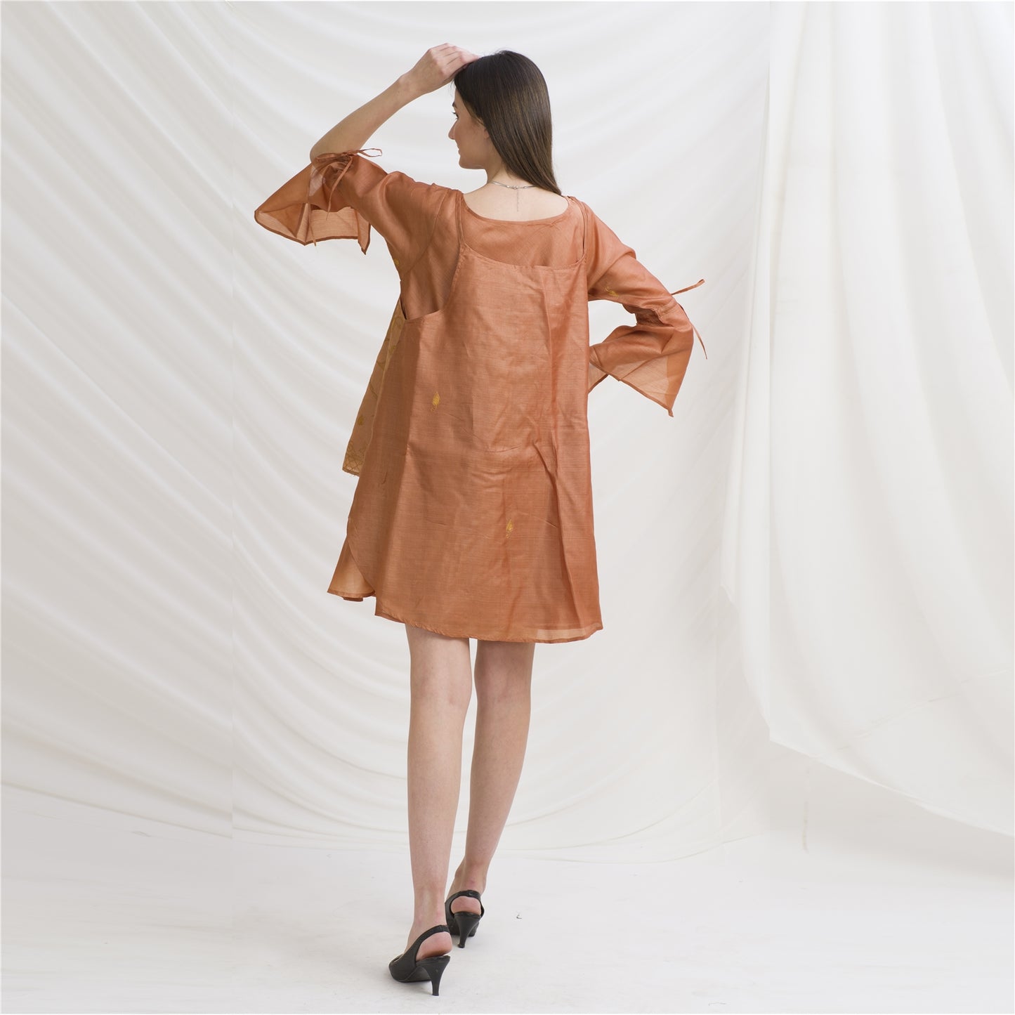 Sanskriti Vintage Tunic Dress with Jacket, Pure Tussar Silk Upcycled Sari, Free Size