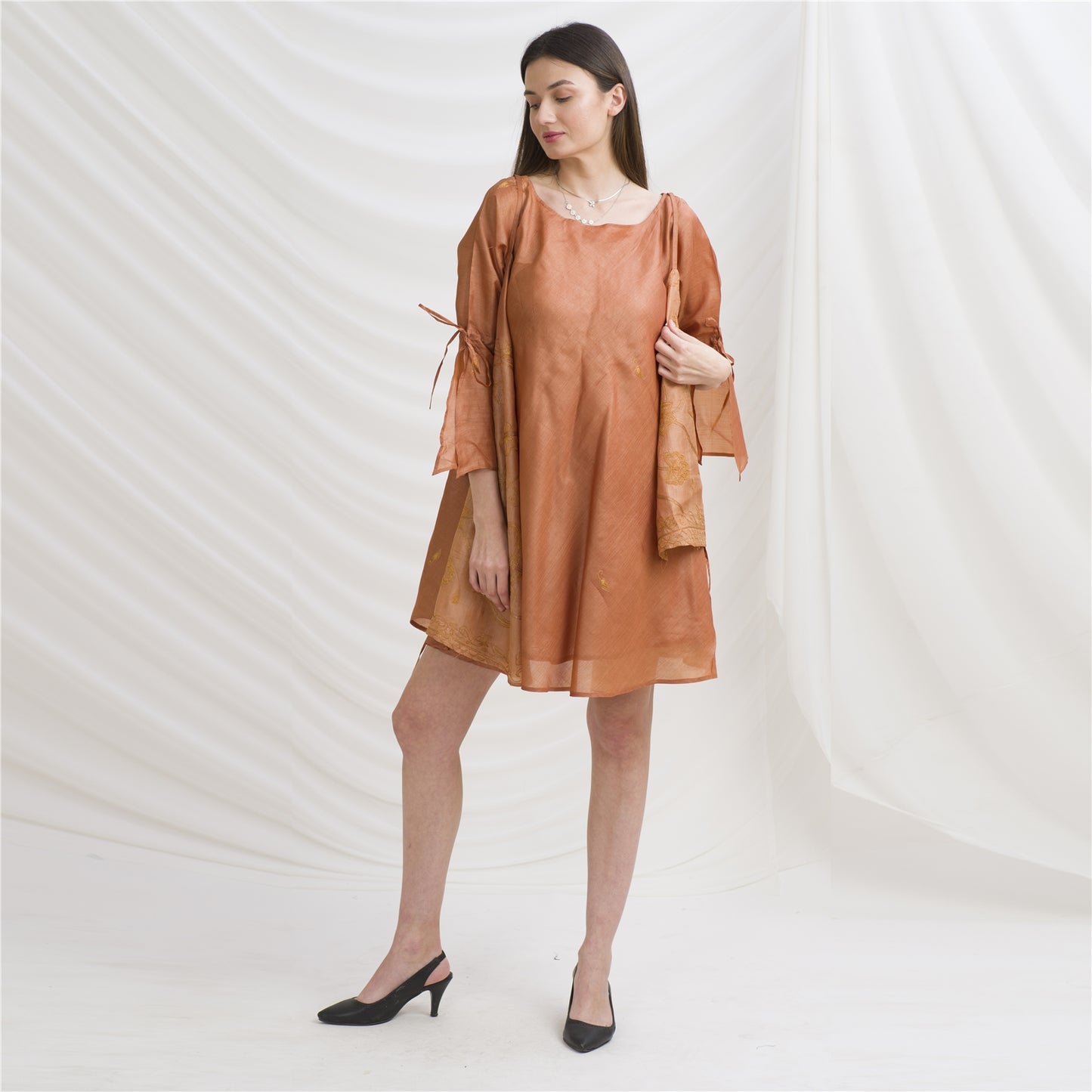 Sanskriti Vintage Tunic Dress with Jacket, Pure Tussar Silk Upcycled Sari, Free Size