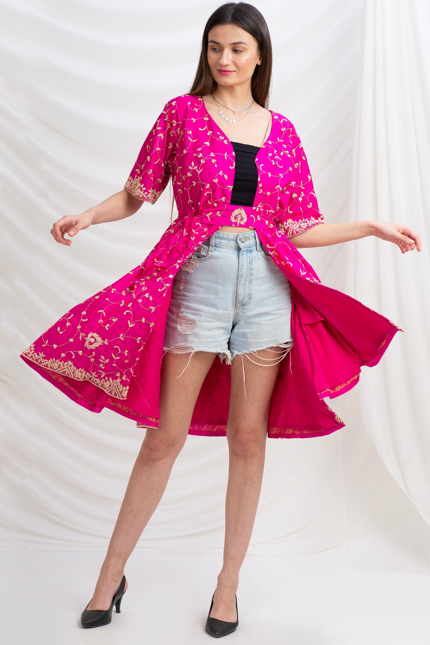 Sanskriti Vintage Long Flared Jacket Pure Silk Zardozi, Upcycled Free Size