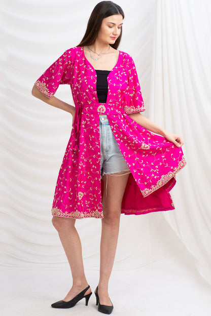 Sanskriti Vintage Long Flared Jacket Pure Silk Zardozi, Upcycled Free Size