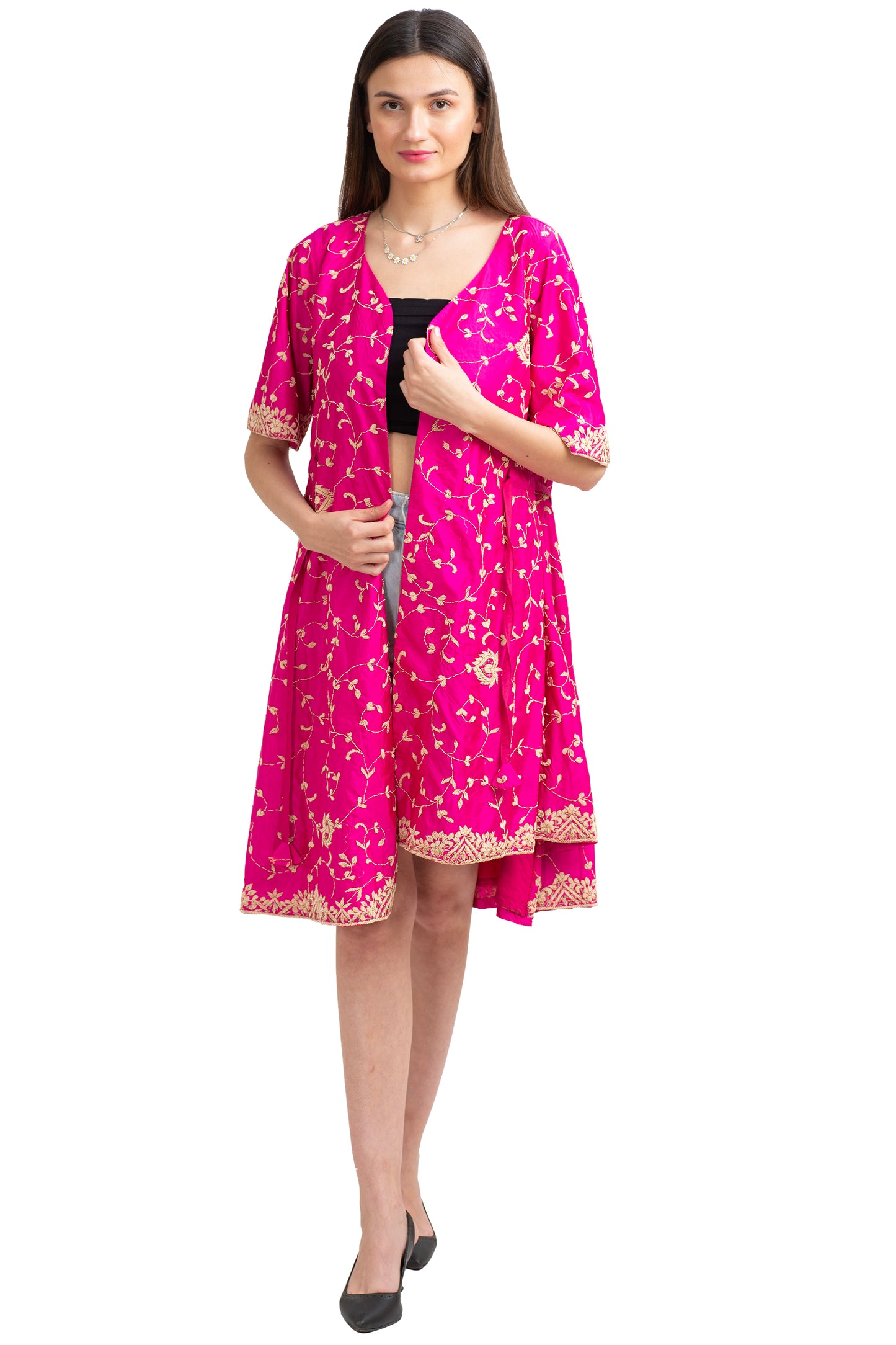 Sanskriti Vintage Long Flared Jacket Pure Silk Zardozi, Upcycled Free Size