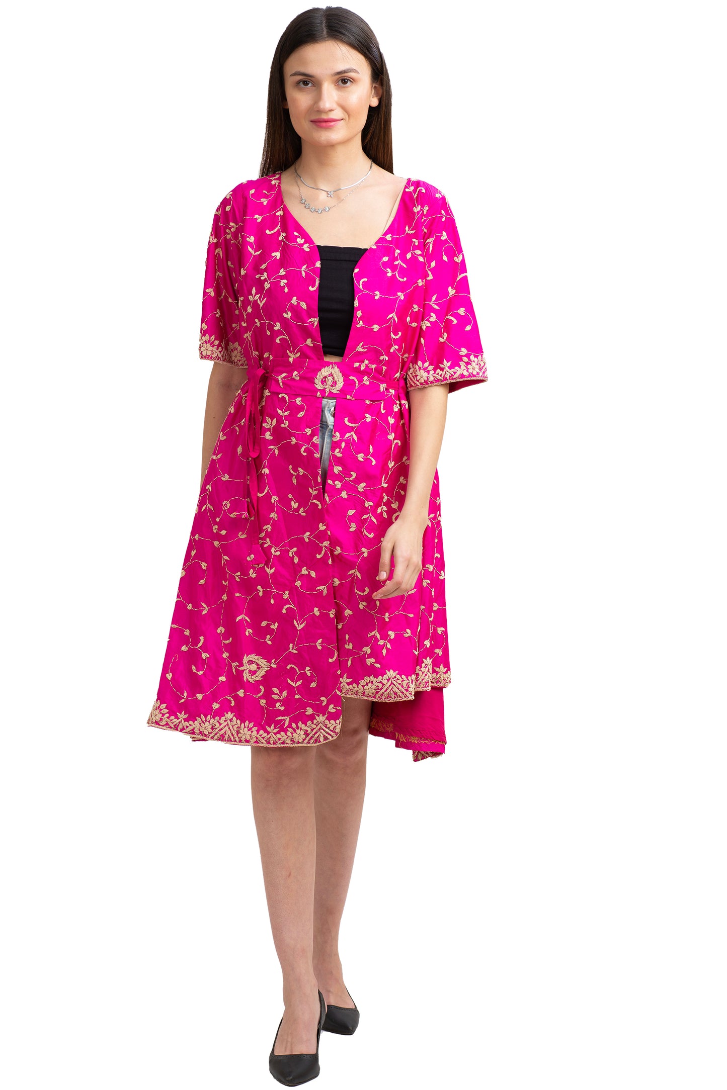 Sanskriti Vintage Long Flared Jacket Pure Silk Zardozi, Upcycled Free Size