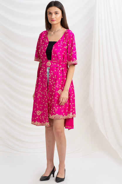 Sanskriti Vintage Long Flared Jacket Pure Silk Zardozi, Upcycled Free Size