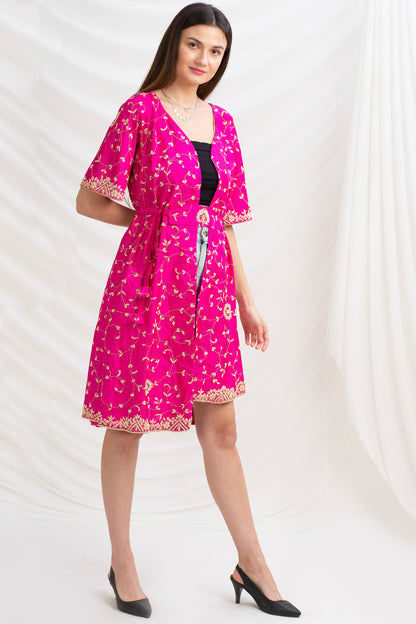 Sanskriti Vintage Long Flared Jacket Pure Silk Zardozi, Upcycled Free Size