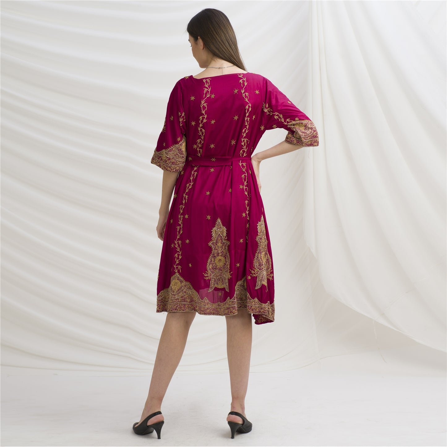Sanskriti Vintage Long Flared Jacket Pure Silk Zardozi, Upcycled Free Size