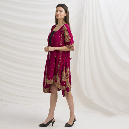 Sanskriti Vintage Long Flared Jacket Pure Silk Zardozi, Upcycled Free Size
