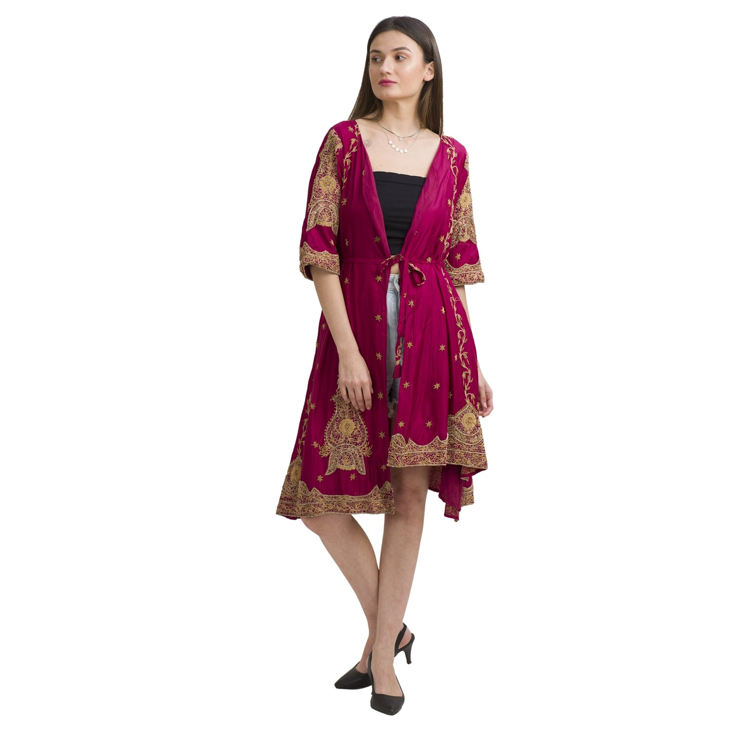Sanskriti Vintage Long Flared Jacket Pure Silk Zardozi, Upcycled Free Size