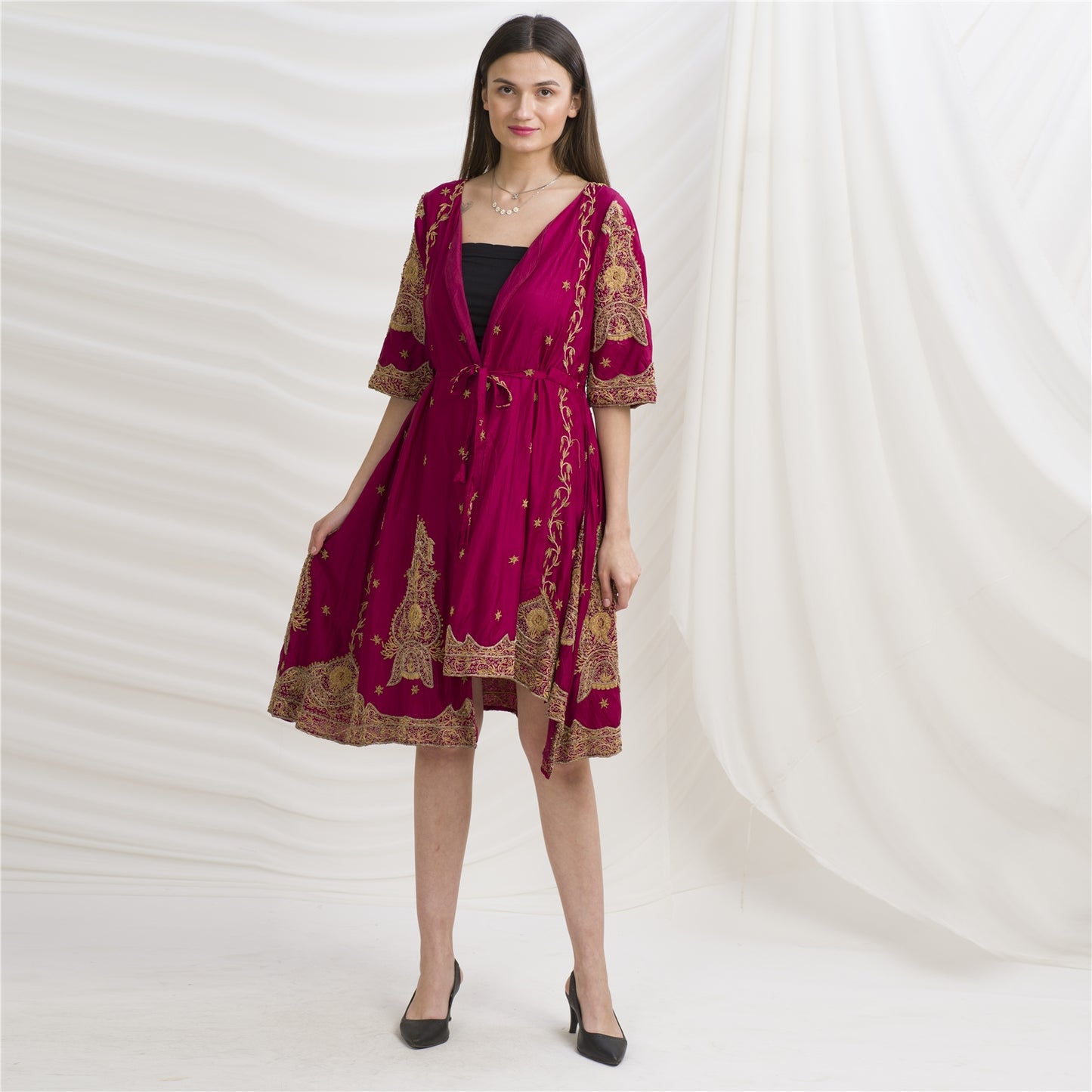 Sanskriti Vintage Long Flared Jacket Pure Silk Zardozi, Upcycled Free Size