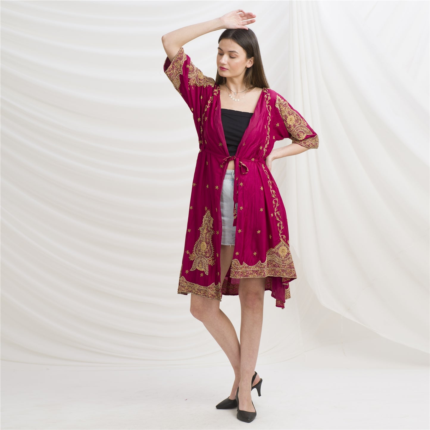 Sanskriti Vintage Long Flared Jacket Pure Silk Zardozi, Upcycled Free Size