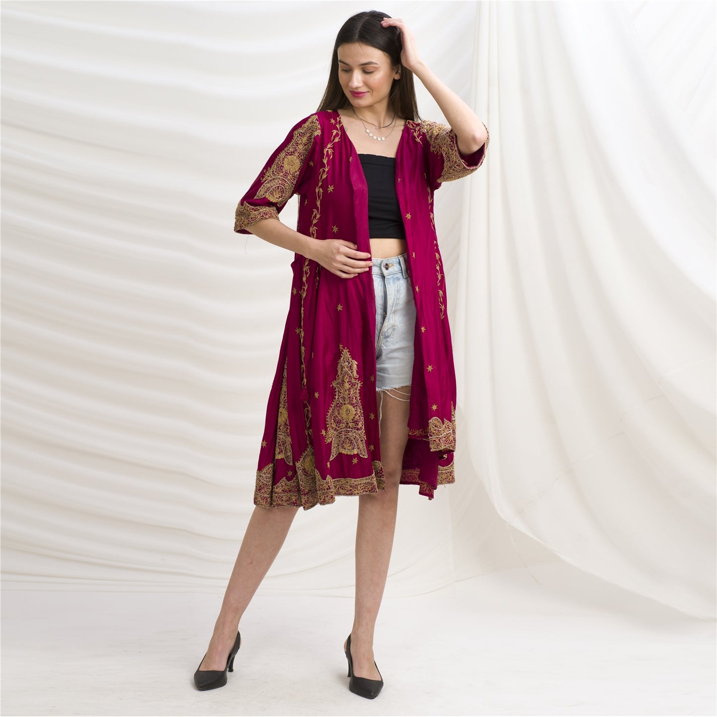 Sanskriti Vintage Long Flared Jacket Pure Silk Zardozi, Upcycled Free Size