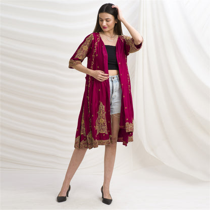 Sanskriti Vintage Long Flared Jacket Pure Silk Zardozi, Upcycled Free Size