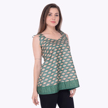Load image into Gallery viewer, Sanskriti Vintage Green Sleeveless Top Ikat Print Art Silk Casual Wear Upcycled Saree Clothing Sustainable Fashion
