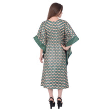 Load image into Gallery viewer, Sanskriti Vintage Green Long Kaftan Upcycled Art Silk Ikat Print Casual Wear Sustainable Fashion
