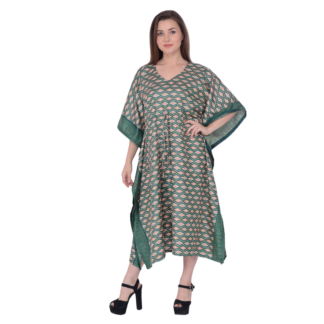 Sanskriti Vintage Green Long Kaftan Upcycled Art Silk Ikat Print Casual Wear Sustainable Fashion