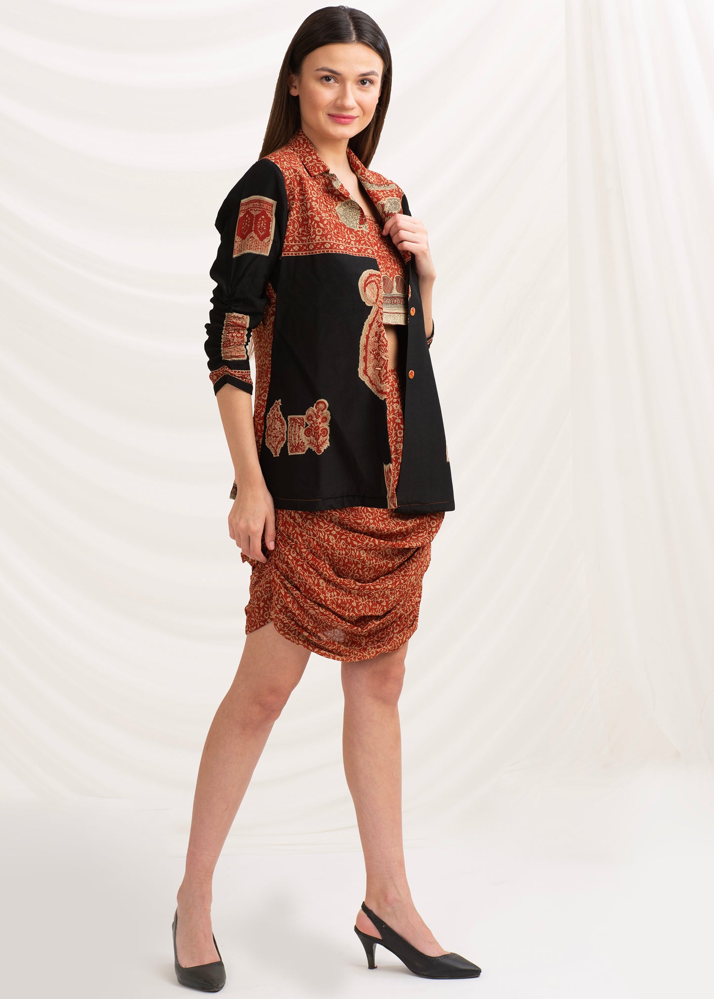 Комплект из 2 предметов одежды Sanskriti Vintage, сари из чистого крепа, средний размер