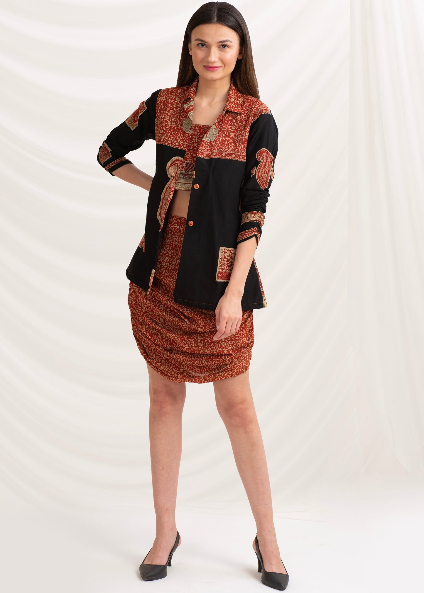 Комплект из 2 предметов одежды Sanskriti Vintage, сари из чистого крепа, средний размер