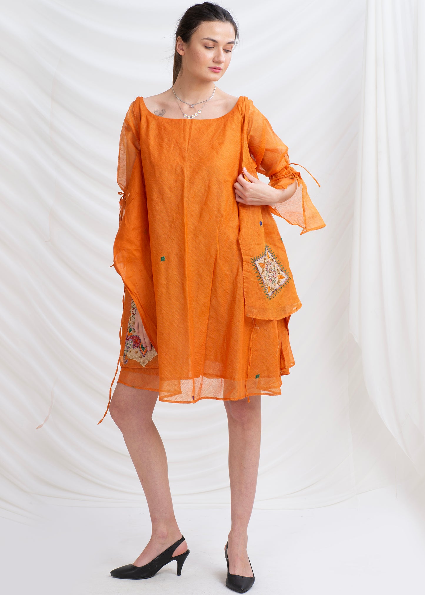 Sanskriti Vintage Tunic Dress with Jacket, Pure Tussar Silk Upcycled Sari, Free Size